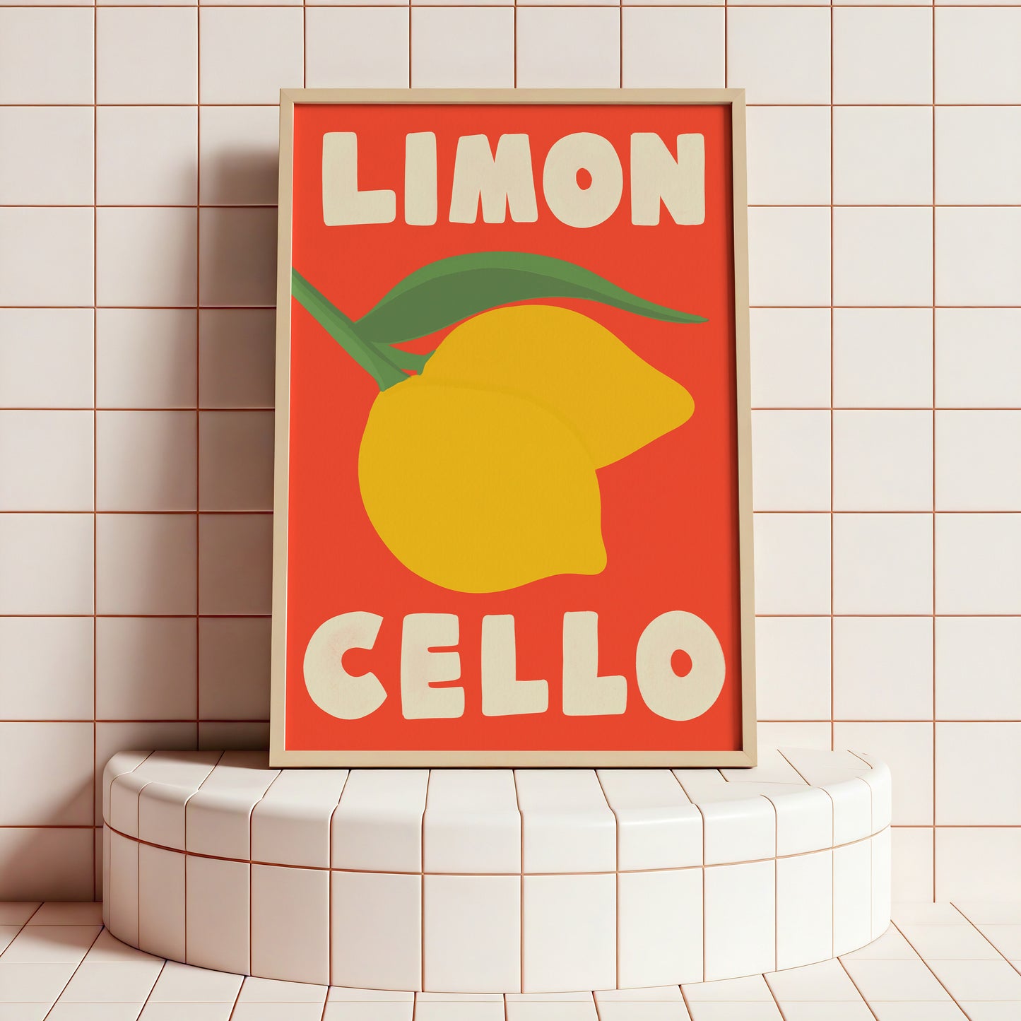 Framed artwork with a lemon illustration and text on a tiled wall.