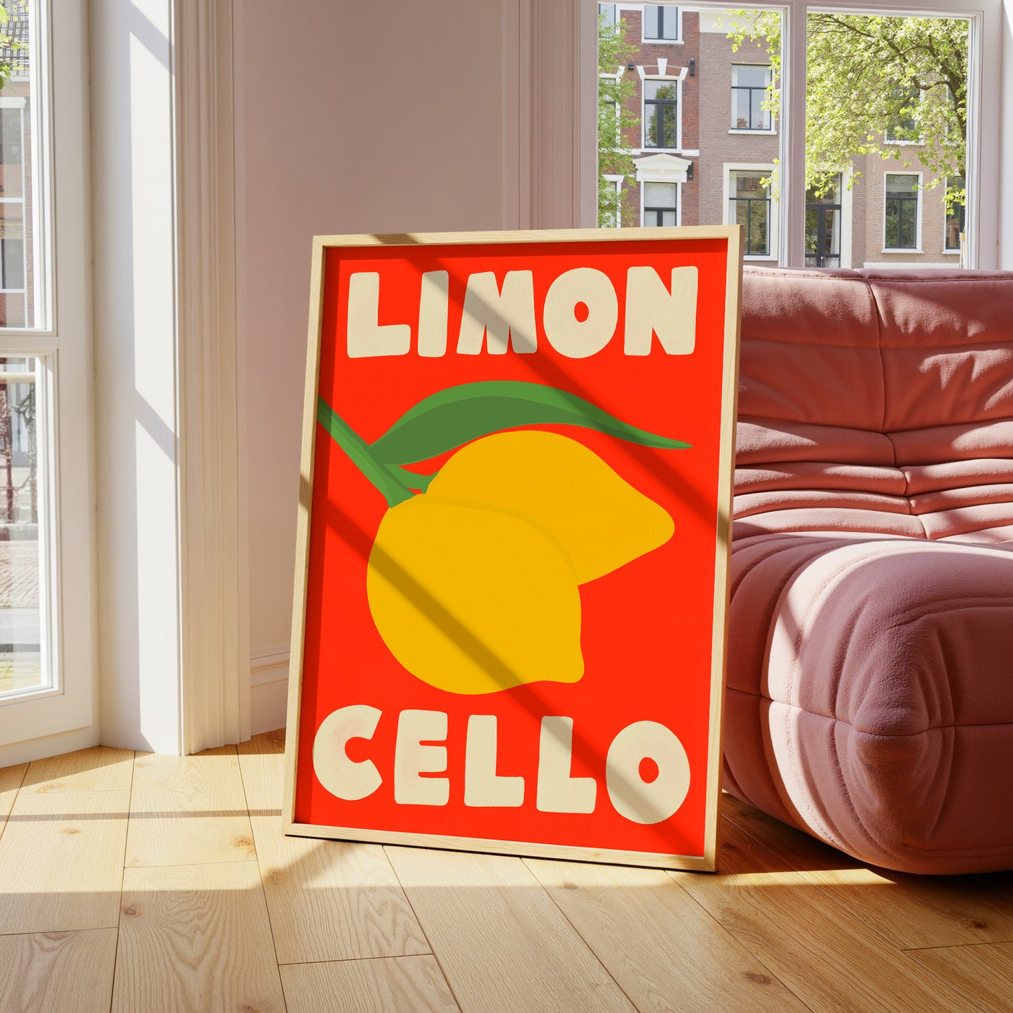 Limon Cello poster in a room with a couch and large windows