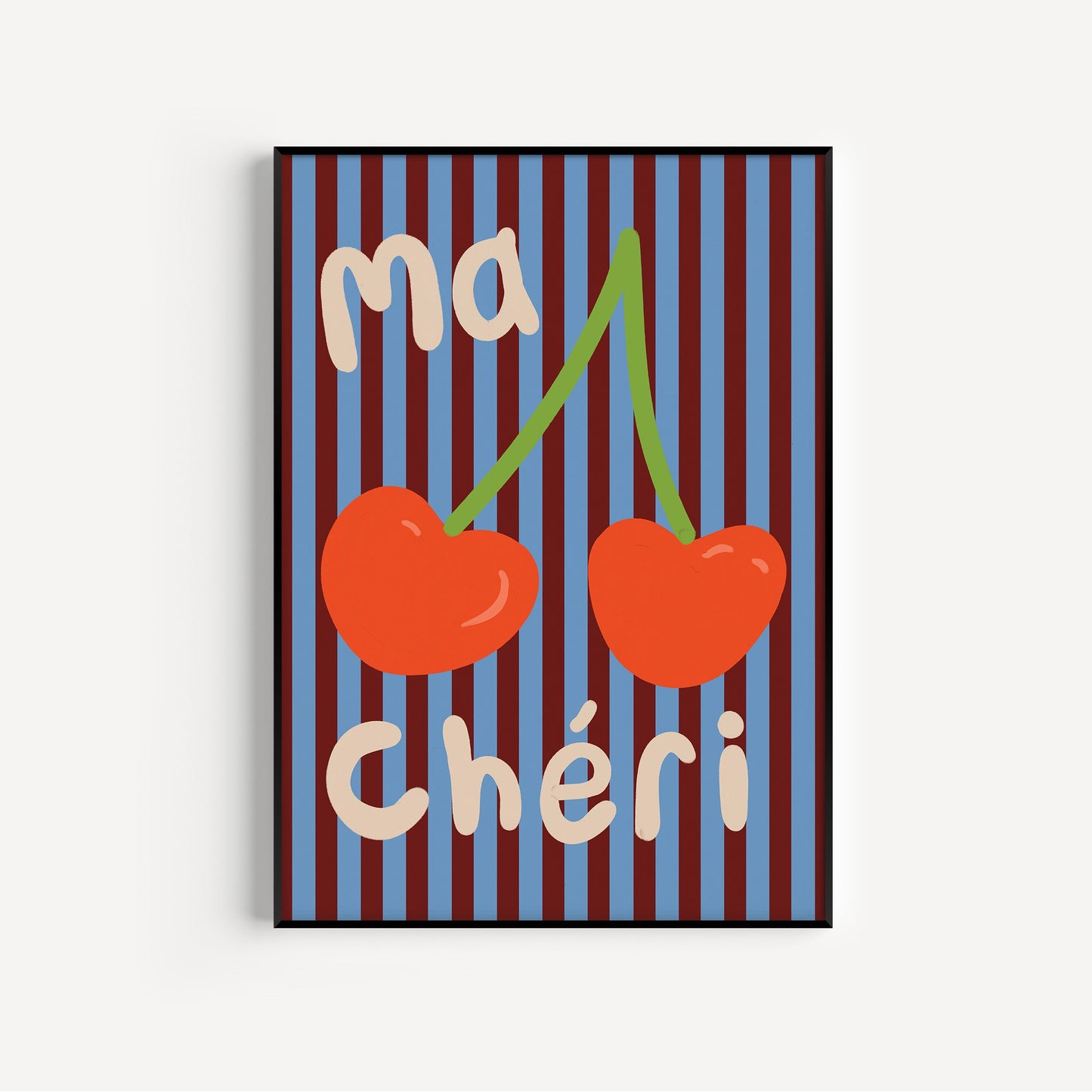 Framed artwork with cherries and text on a striped background