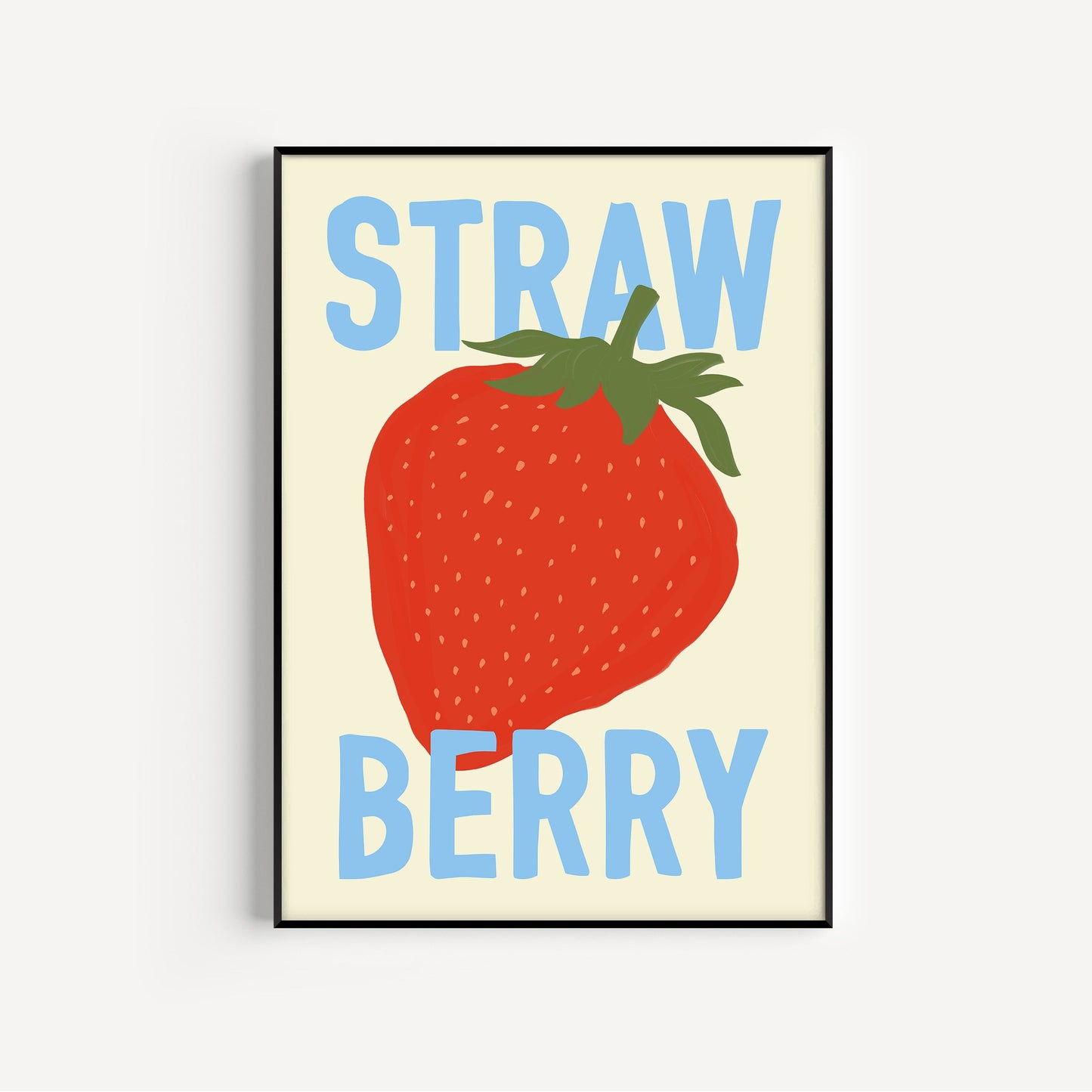 Framed artwork with a strawberry illustration and 'Strawberry' text on a light background