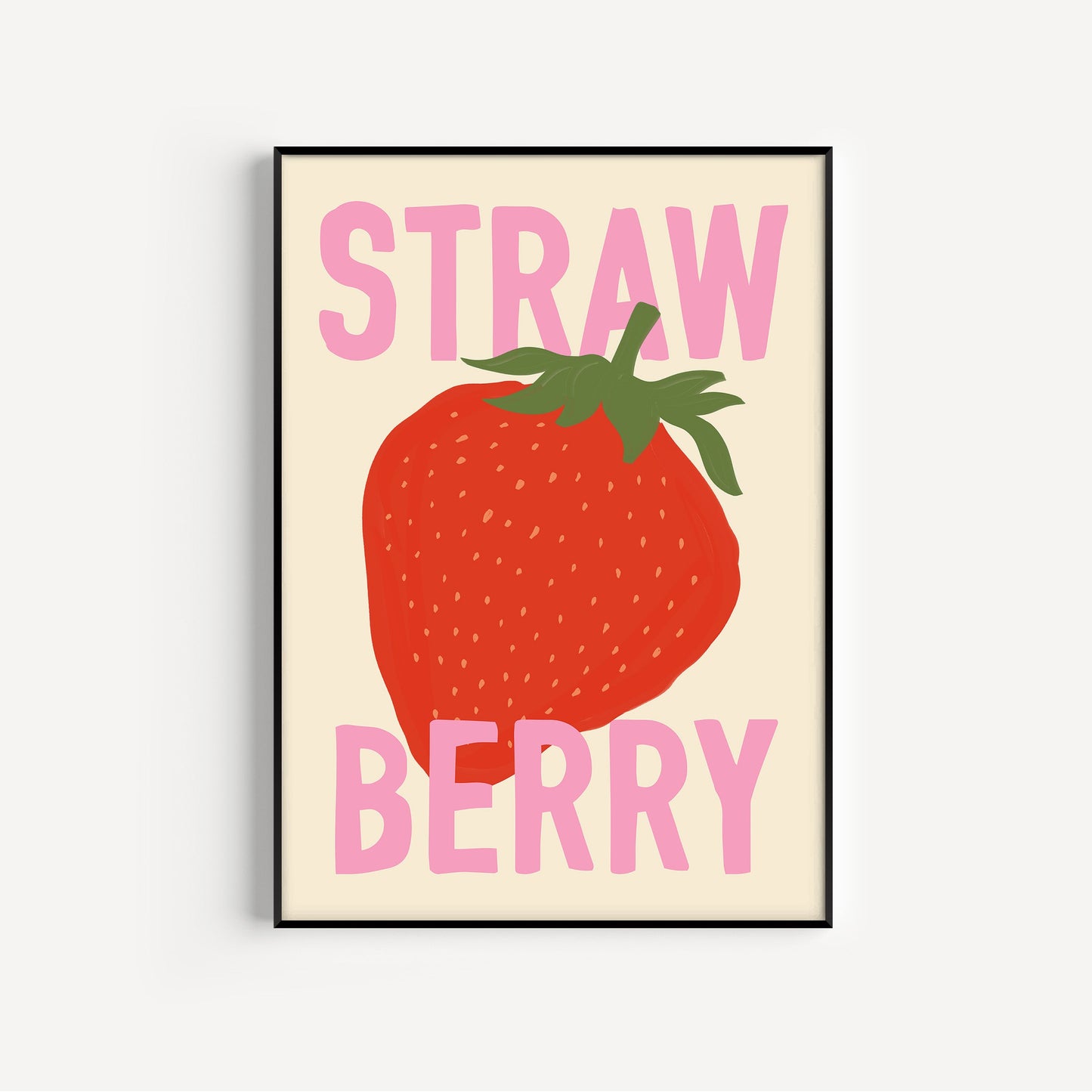 Framed artwork with a strawberry illustration and 'STRAWBERRY' text on a beige background