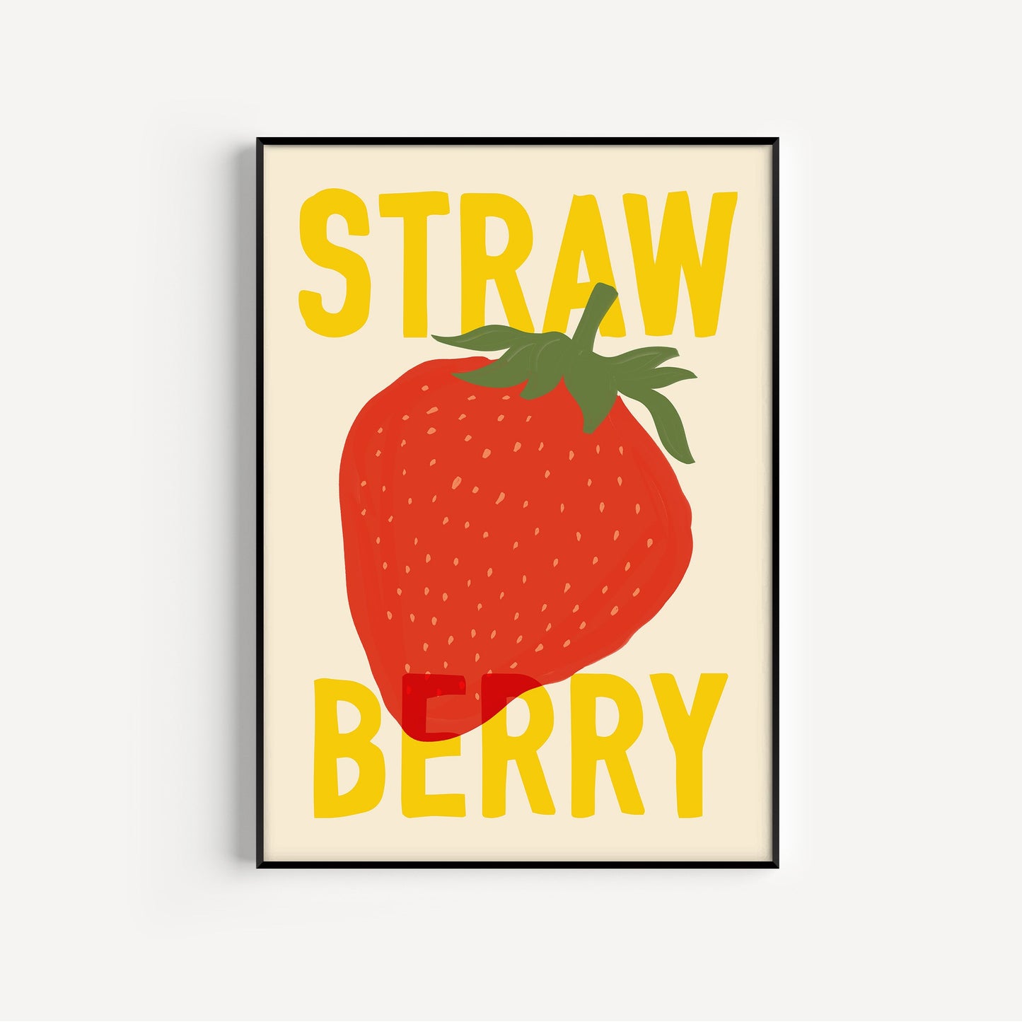 Framed artwork with a strawberry illustration and 'STRAWBERRY' text on a beige background