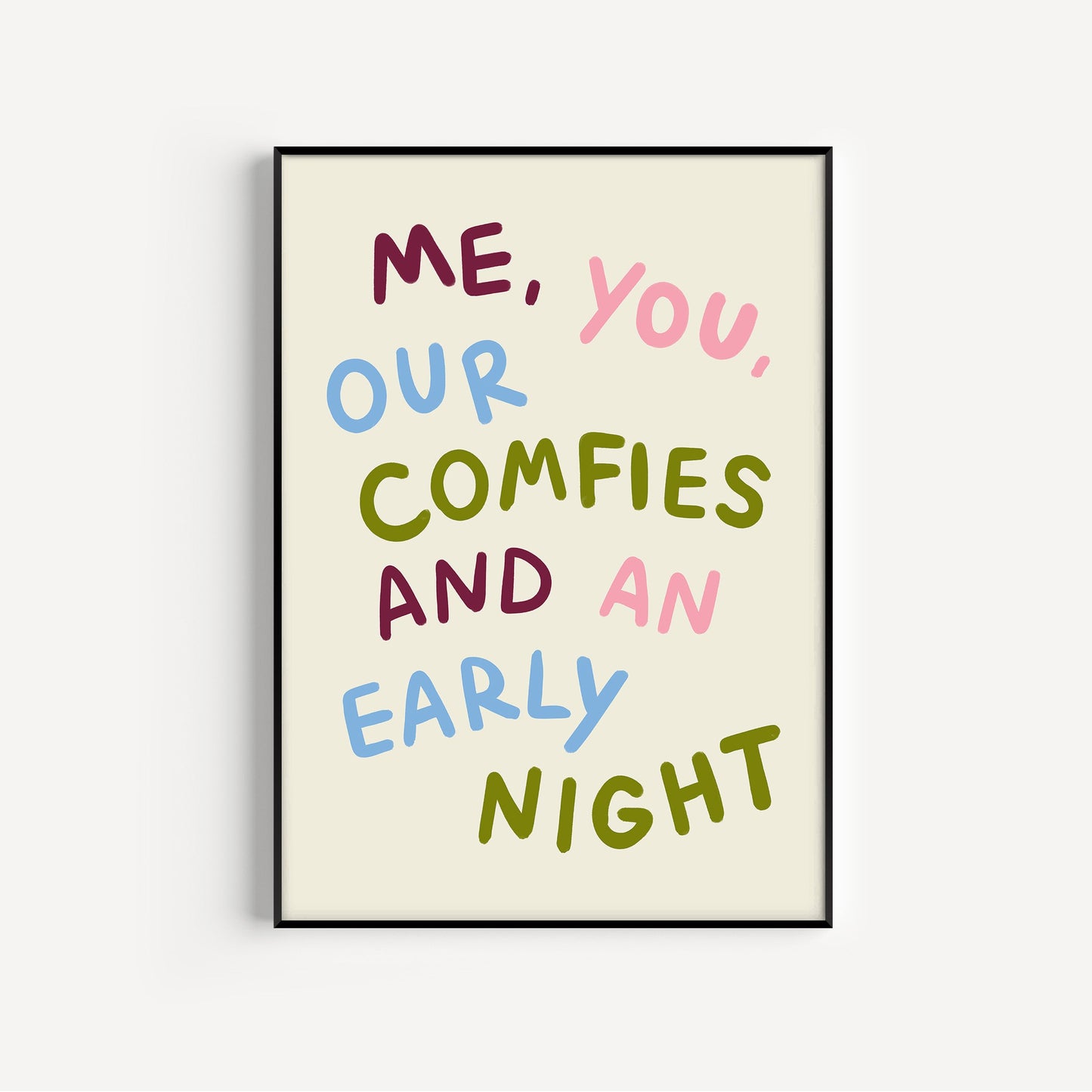 Framed artwork with colorful text on a white background