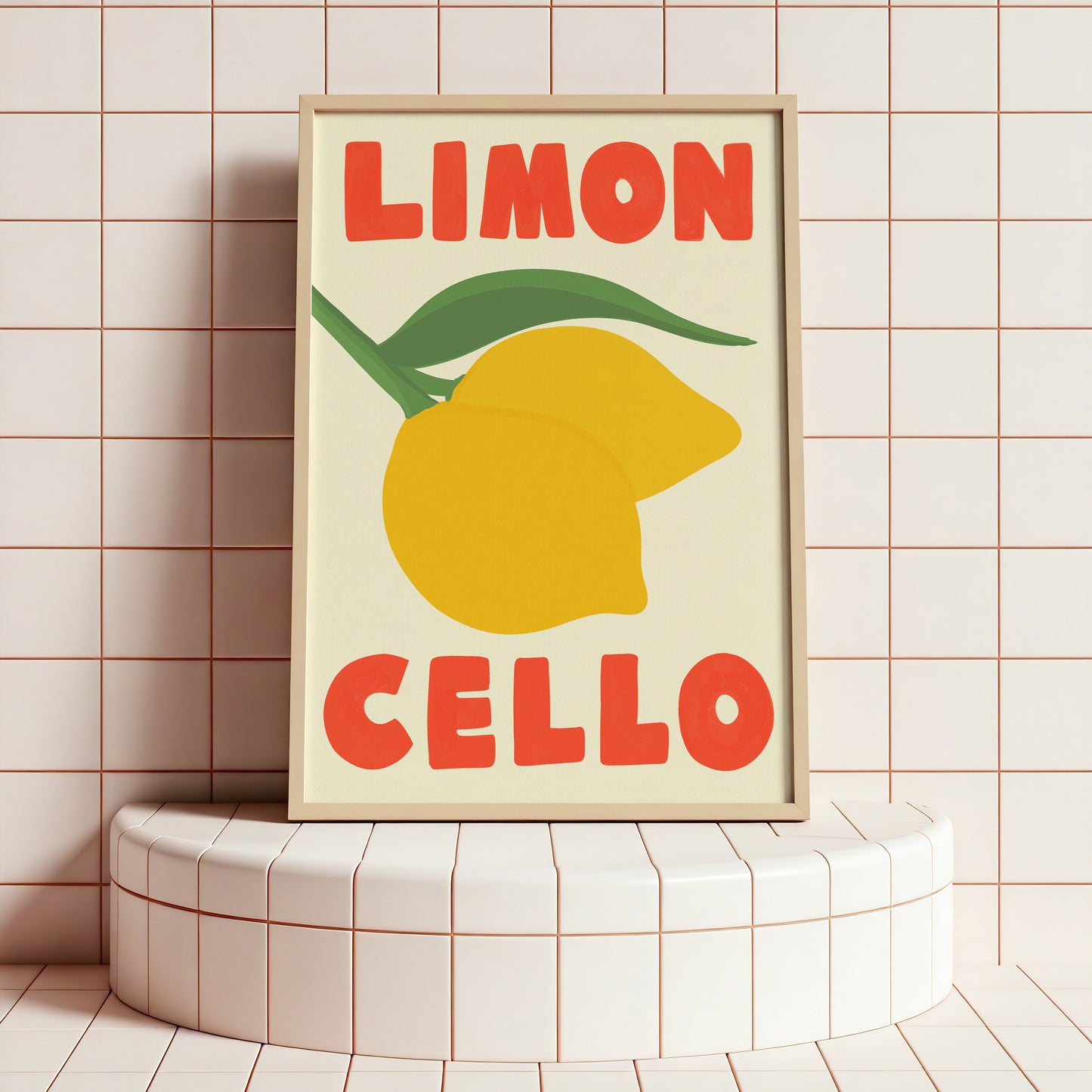 Framed artwork with a lemon and text on a tiled wall