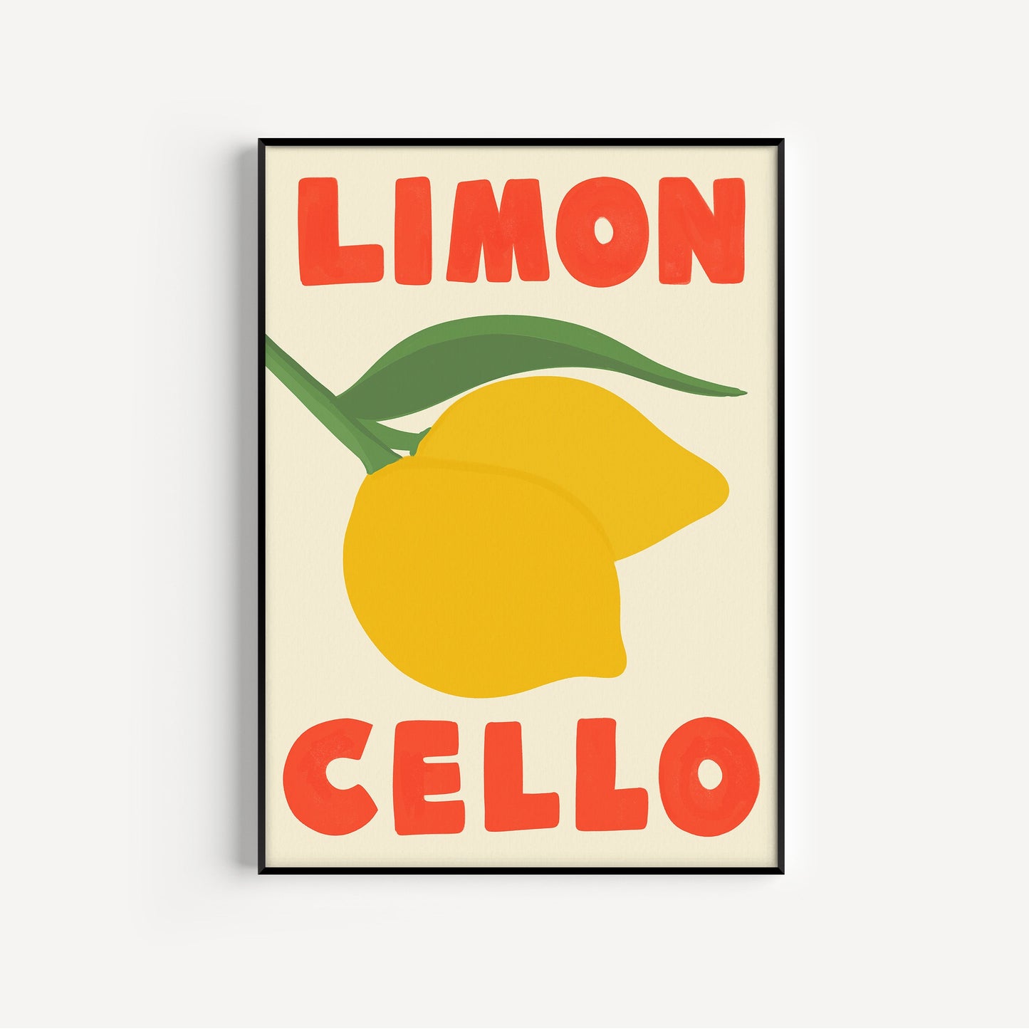 Framed artwork with a lemon illustration and 'Limon Cello' text on a white background