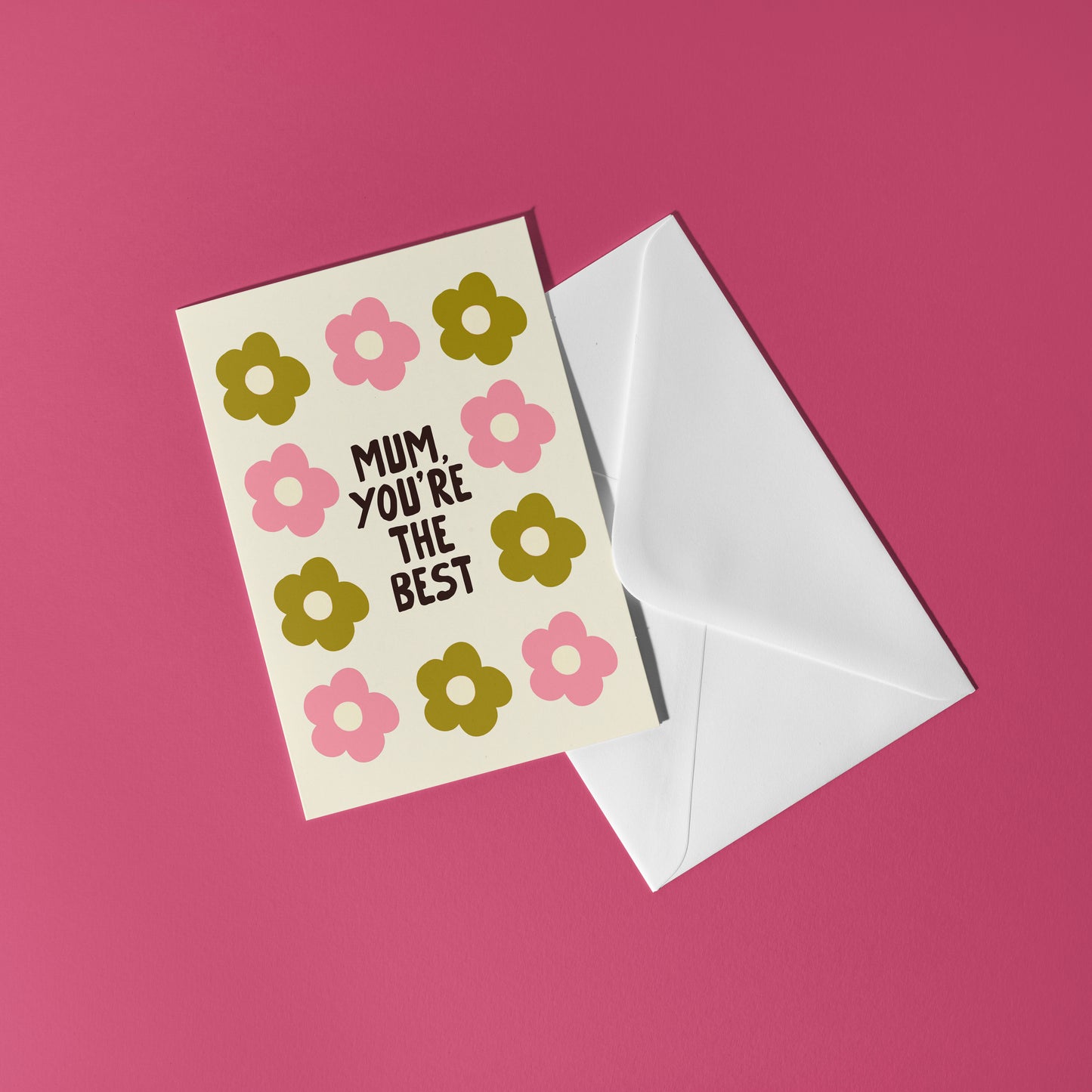 Greeting card with floral design and 'Mum, you're the best' text on a pink background