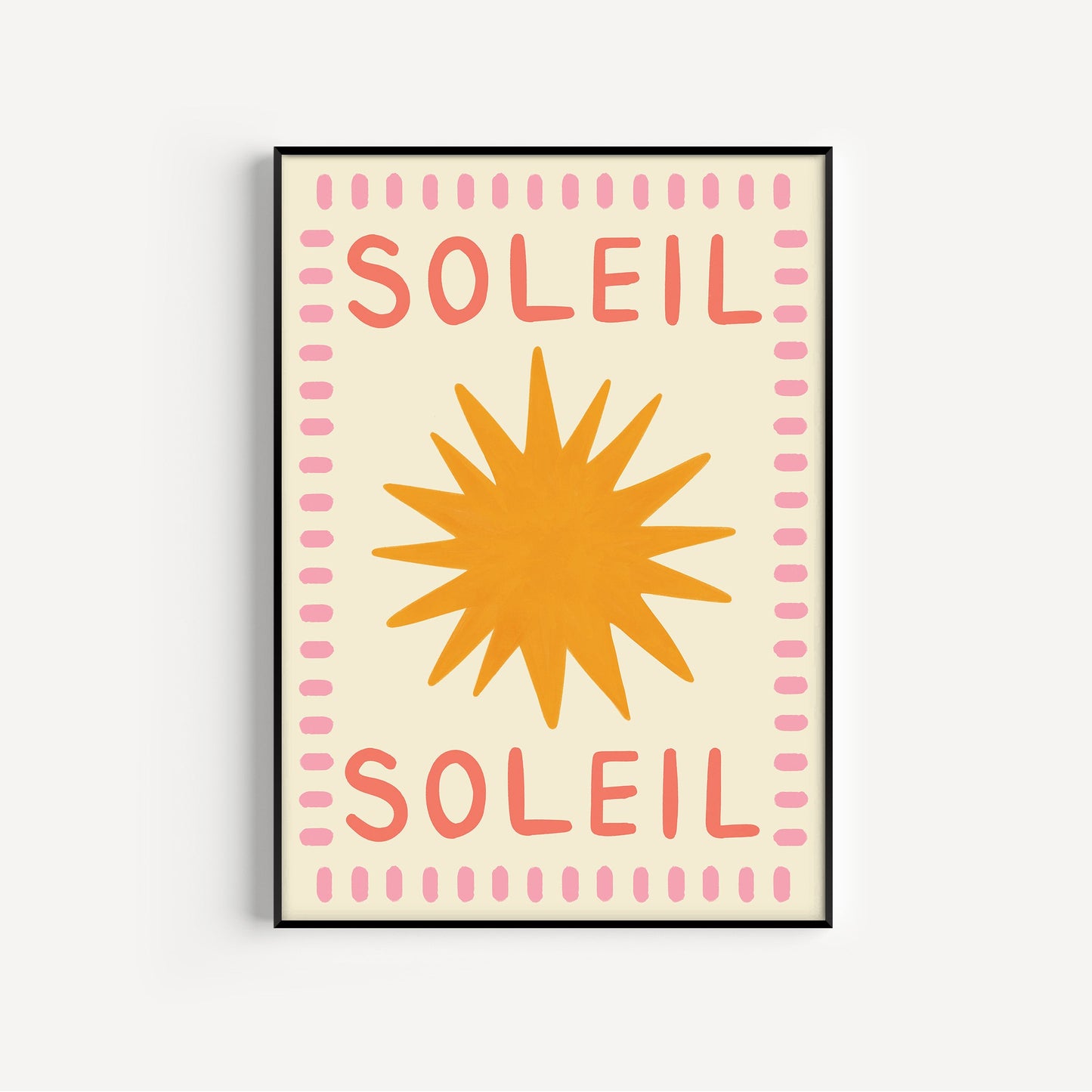 Poster with 'Soleil' text and a sun graphic on a light background