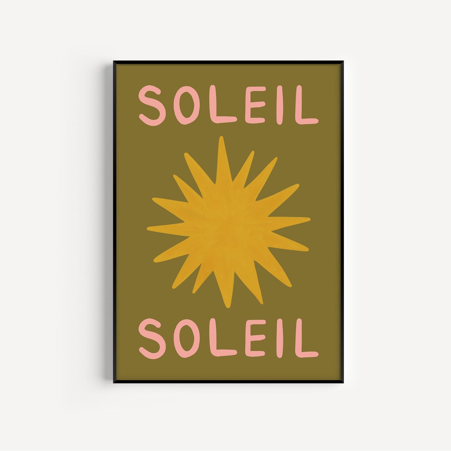 Poster with 'Soleil' text and a sun graphic on a green background