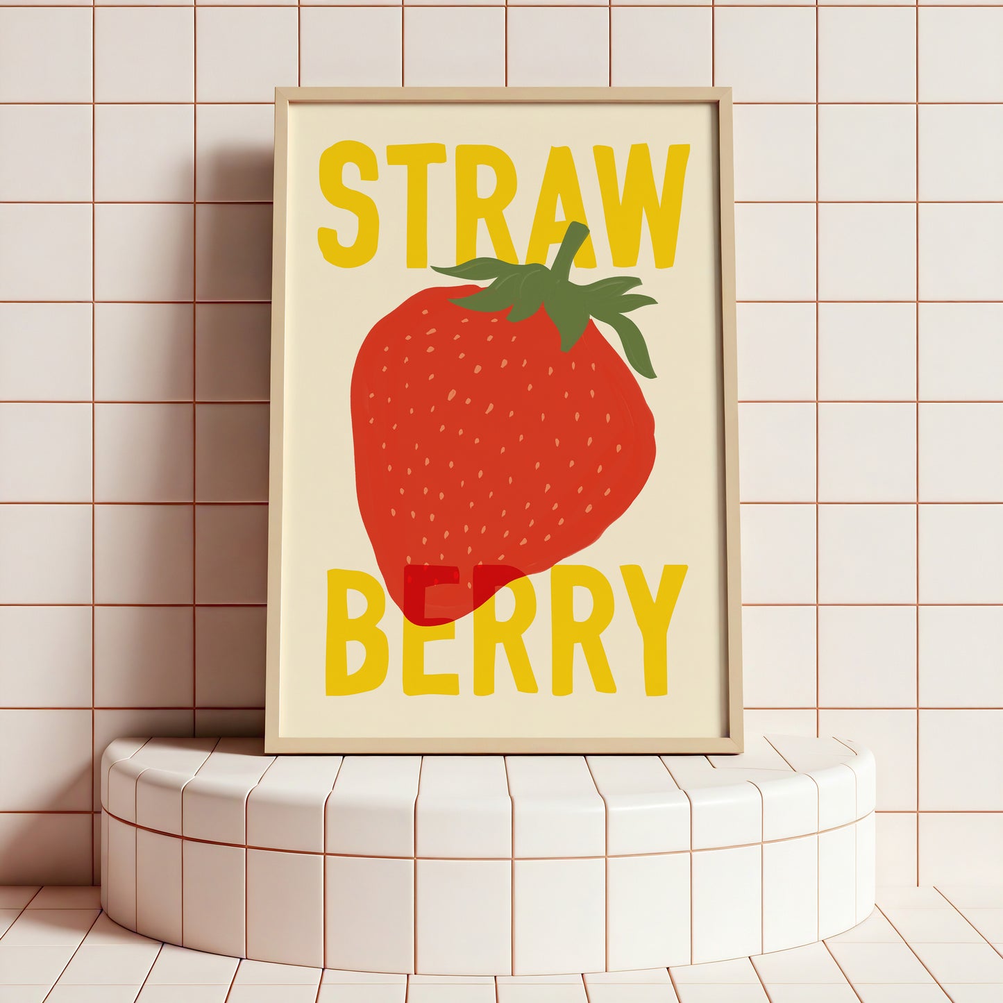 Framed artwork with a strawberry illustration and 'Strawberry' text on a tiled wall.