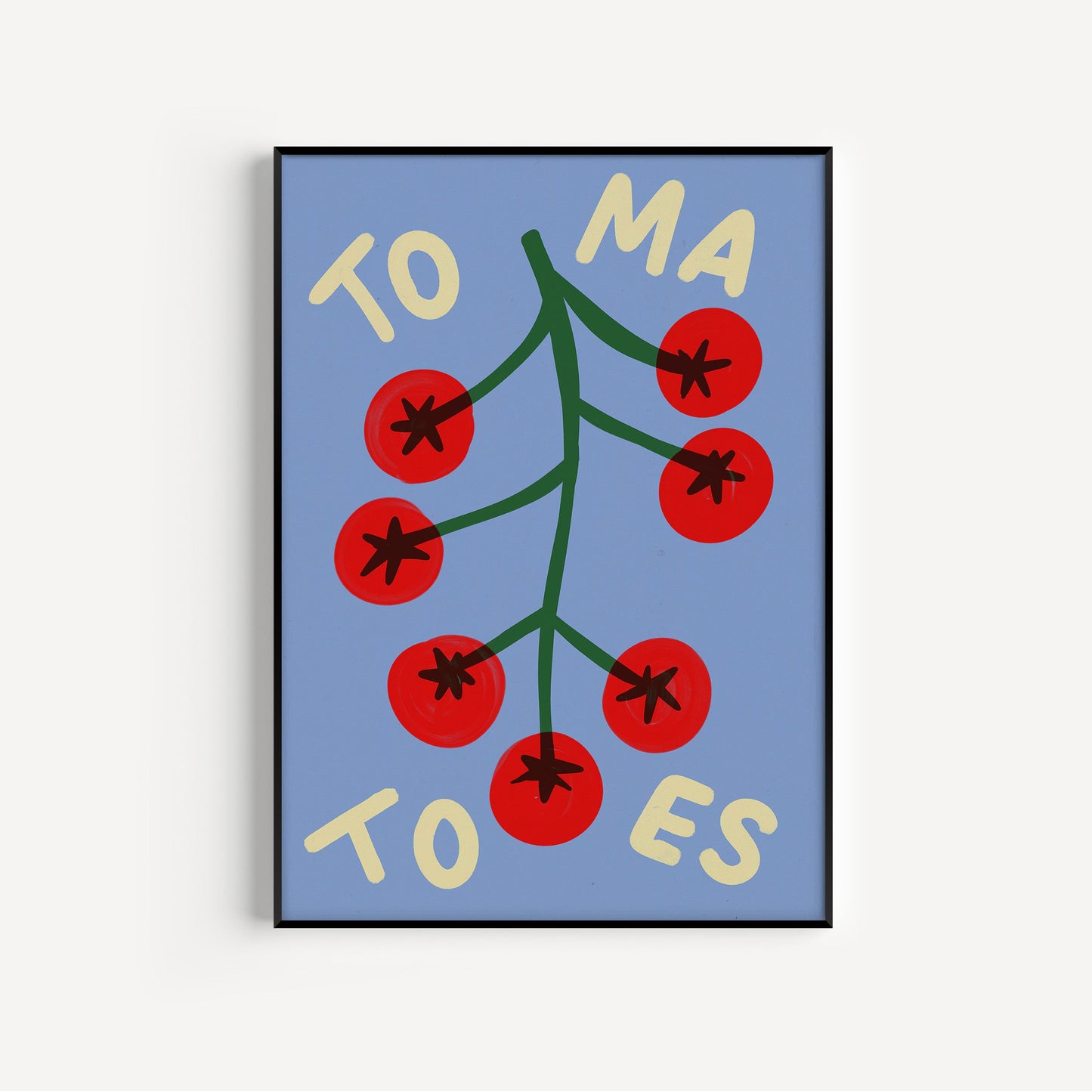 Framed artwork with red berries and text on a blue background