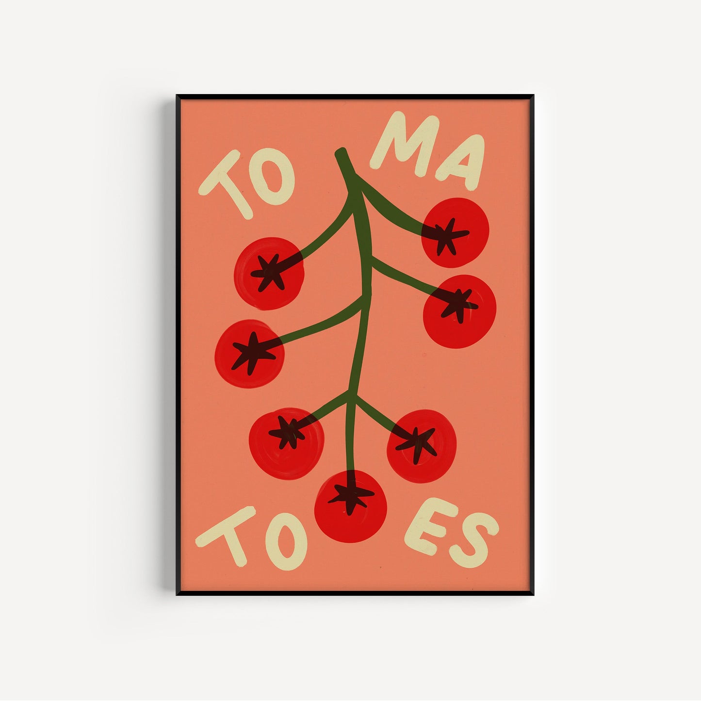 Framed artwork with red tomatoes and text on a peach background