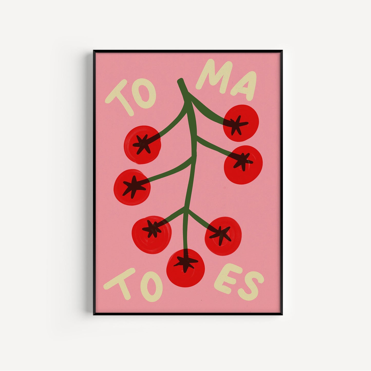 Framed artwork with red tomatoes and text on a pink background