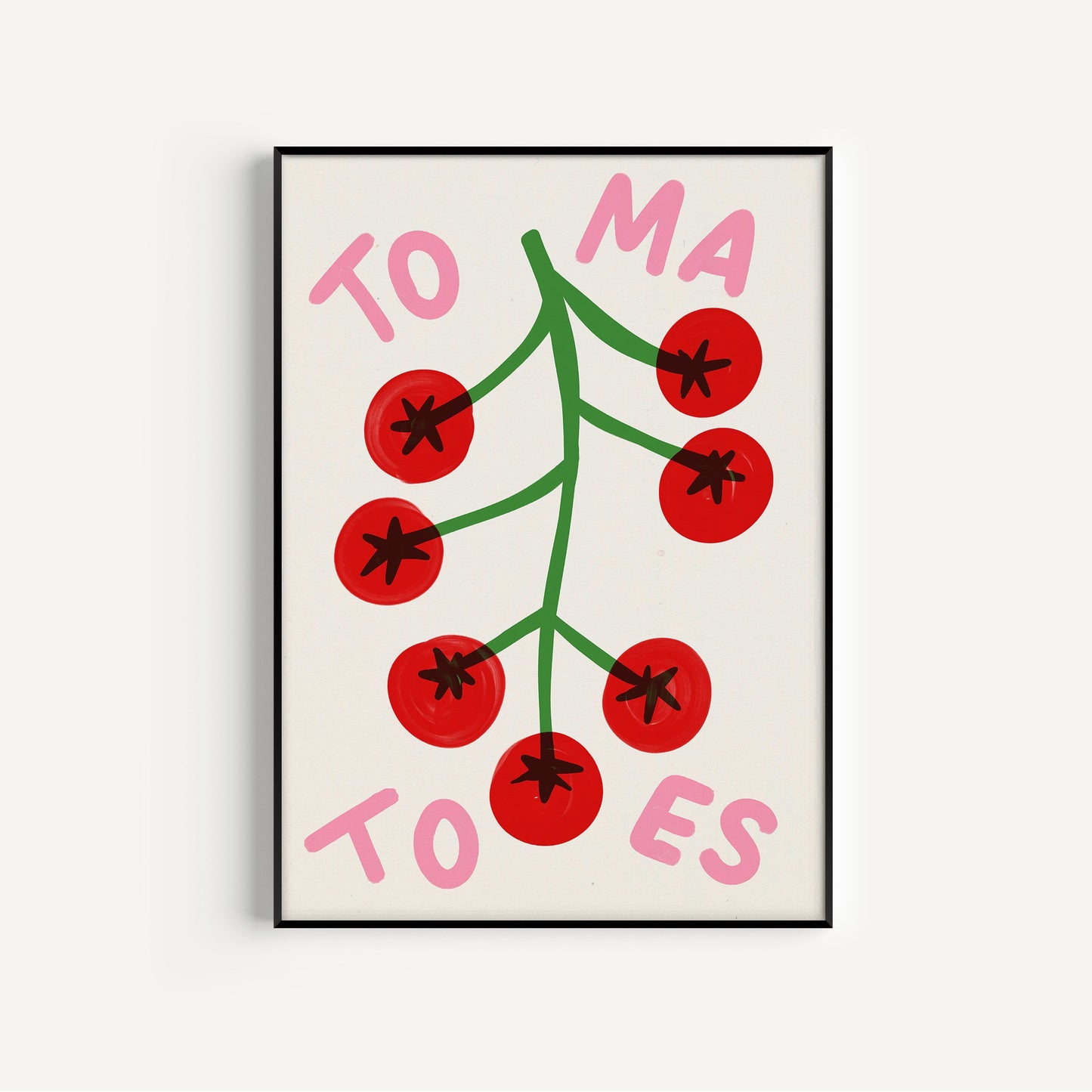 Framed artwork with red tomatoes and green leaves on a white background