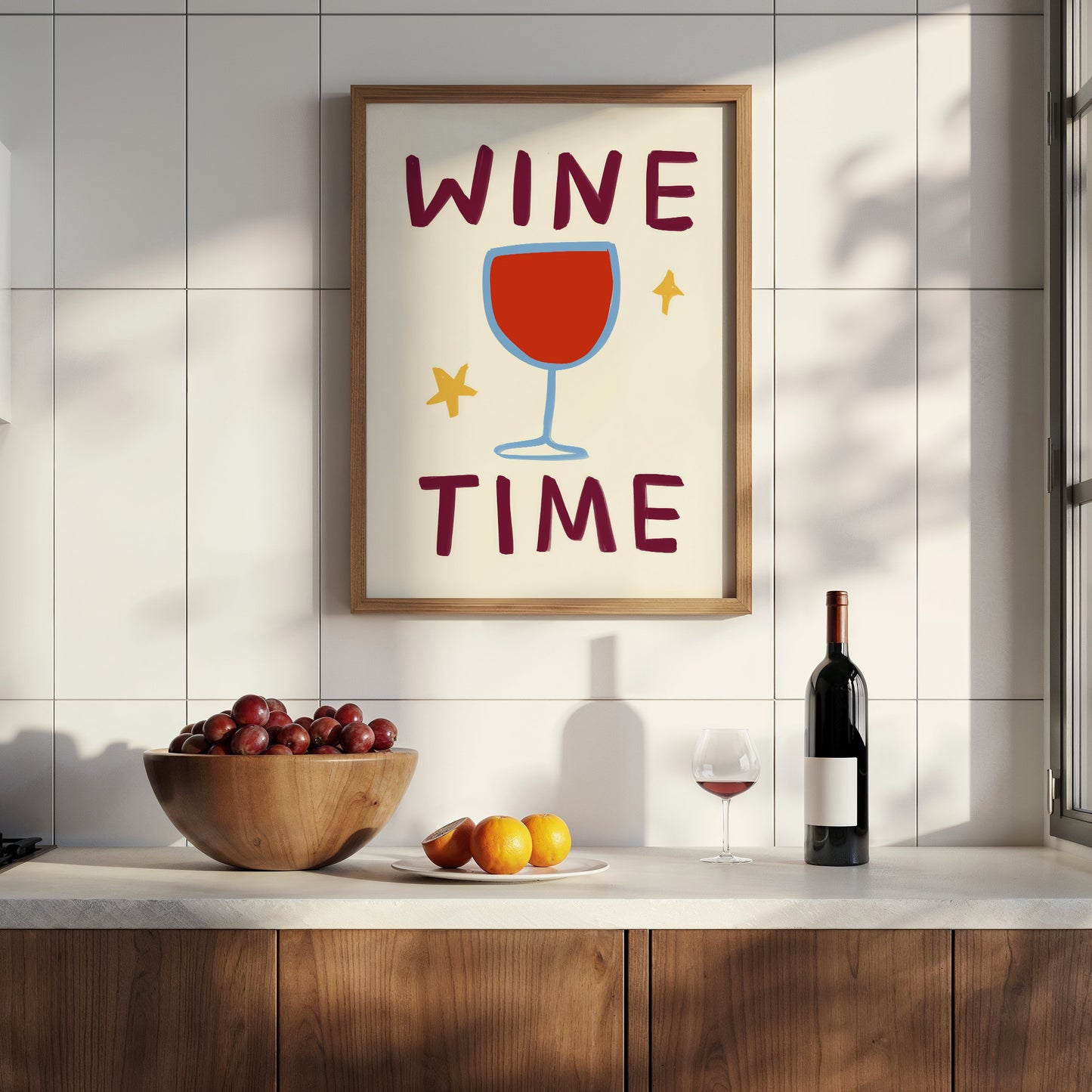 Framed artwork with 'Wine Time' text in a kitchen setting.