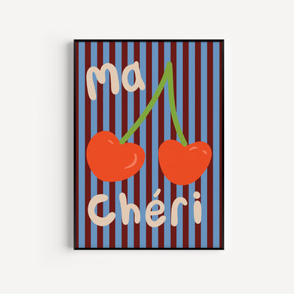 Framed artwork with cherries and text on a striped background