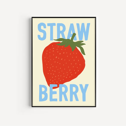Framed artwork with a strawberry illustration and 'Strawberry' text on a light background