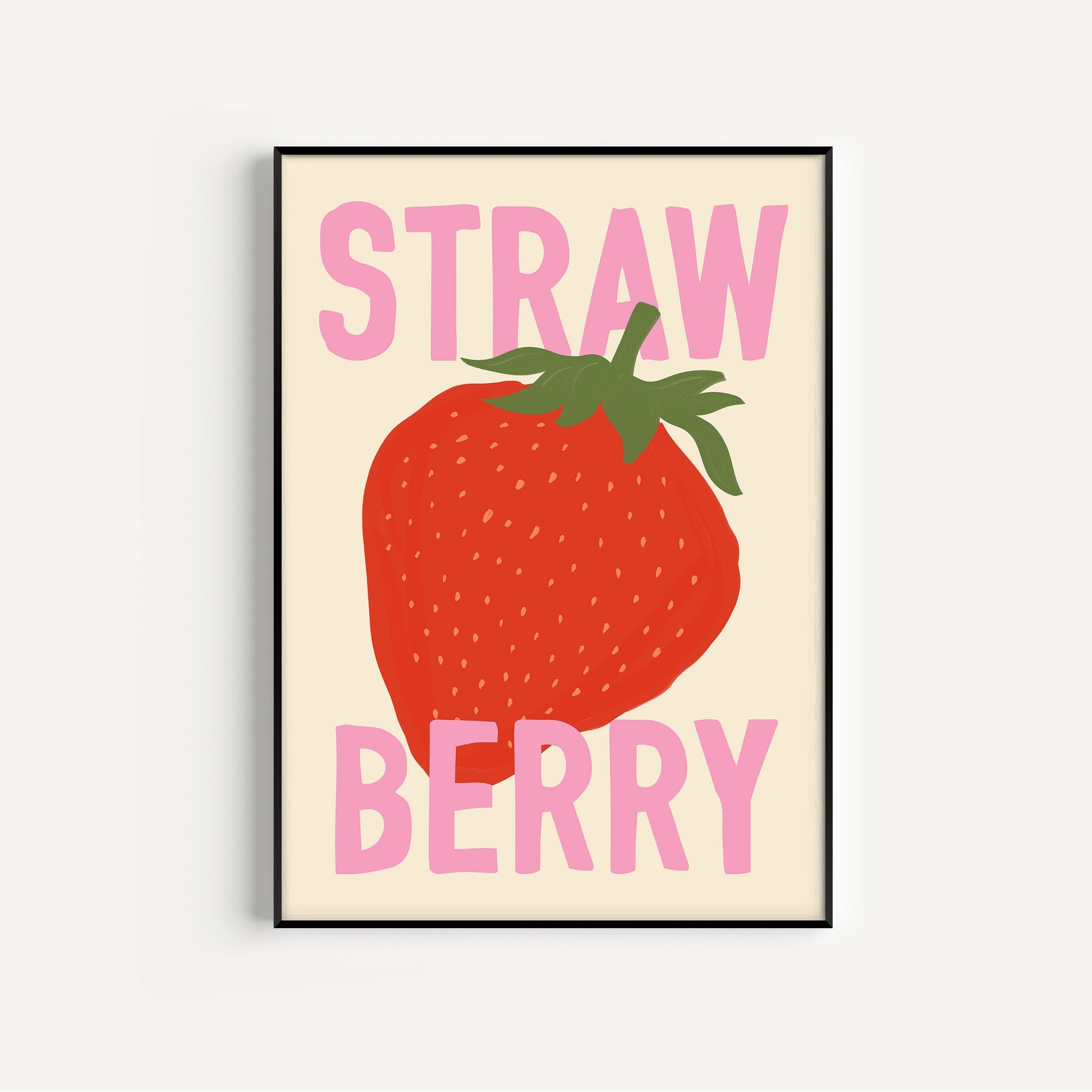Framed artwork with a strawberry illustration and 'STRAWBERRY' text on a beige background
