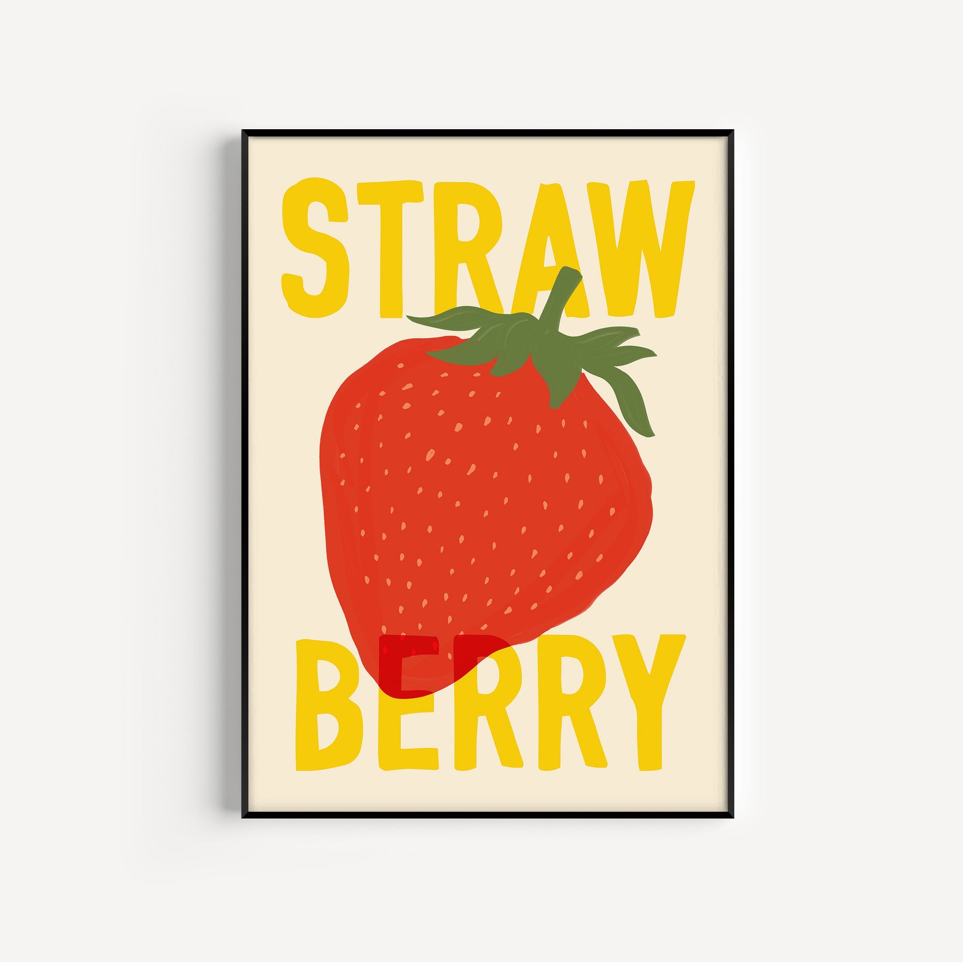 Framed artwork with a strawberry illustration and 'STRAWBERRY' text on a beige background