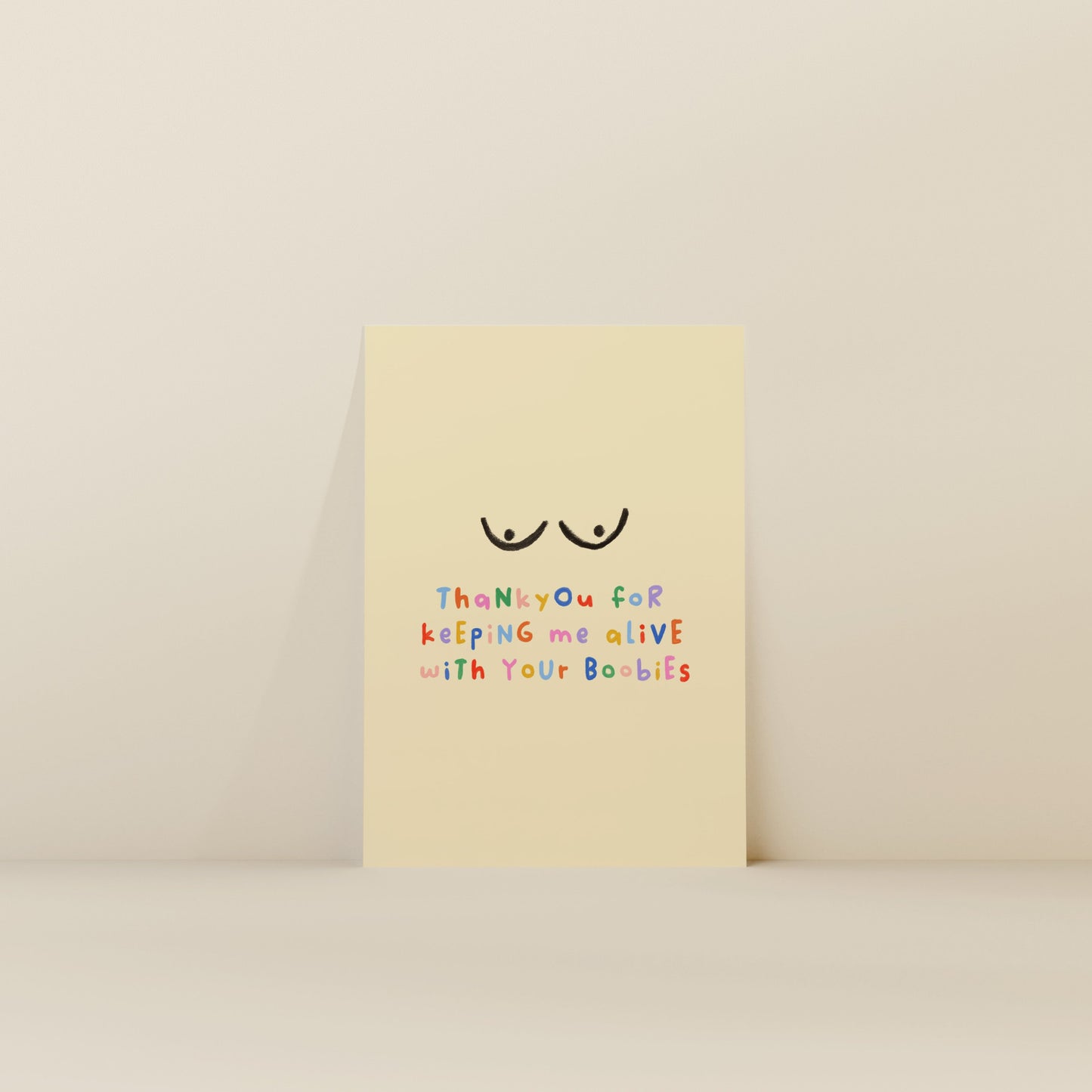 Card with text and smiley face on a beige background