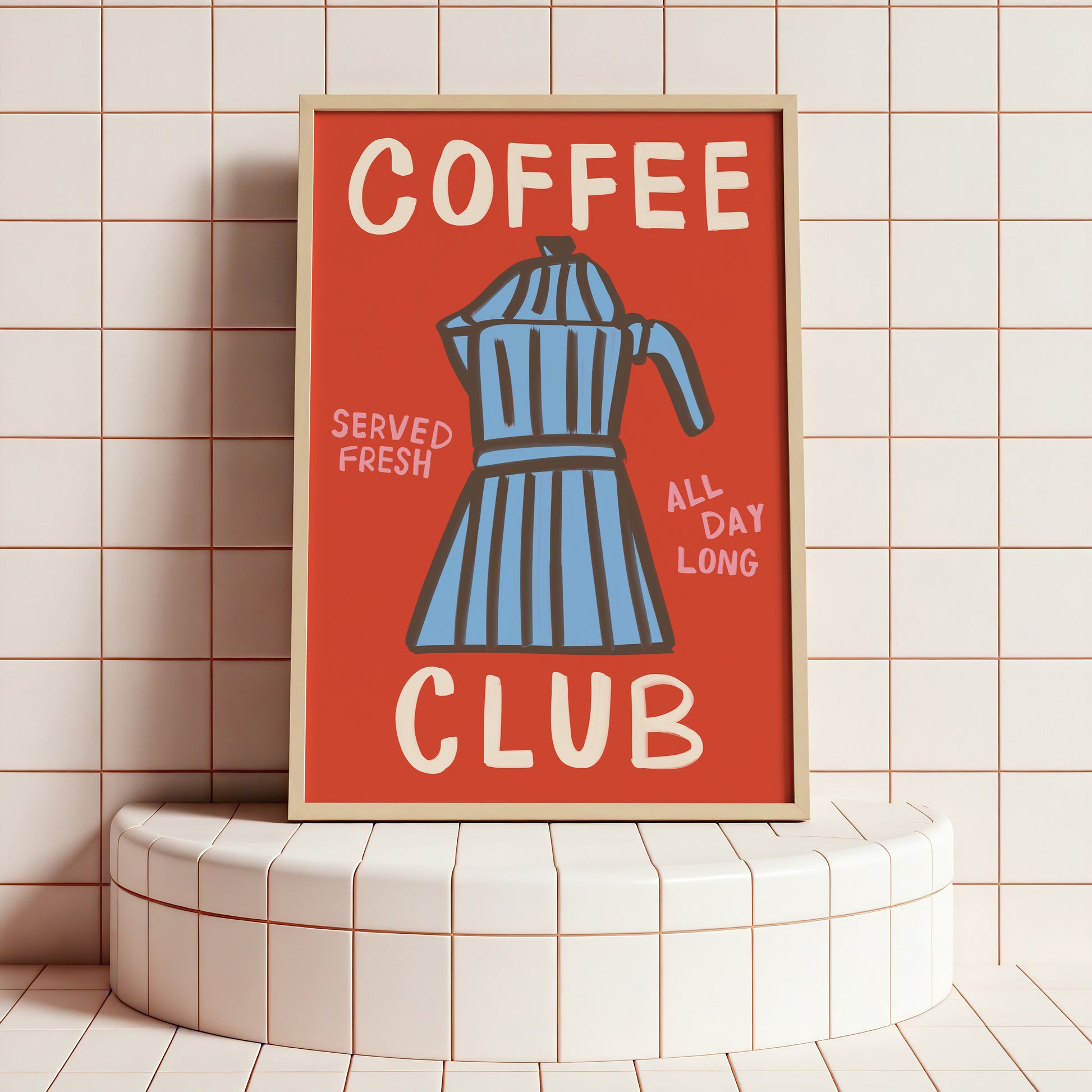 Framed poster with coffee machine illustration and text on a tiled wall.
