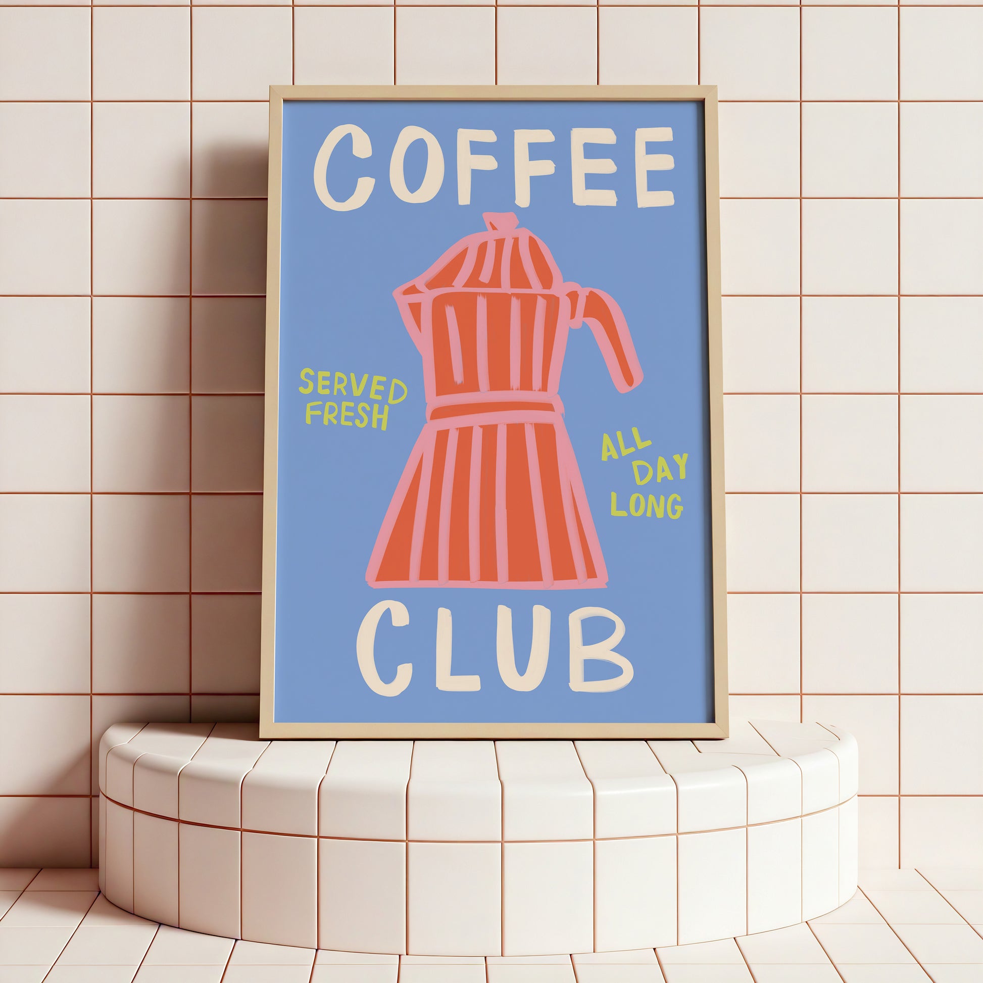 Framed poster with coffee-themed design on a tiled wall