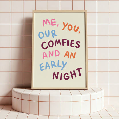 Framed poster with colorful text on a tiled wall