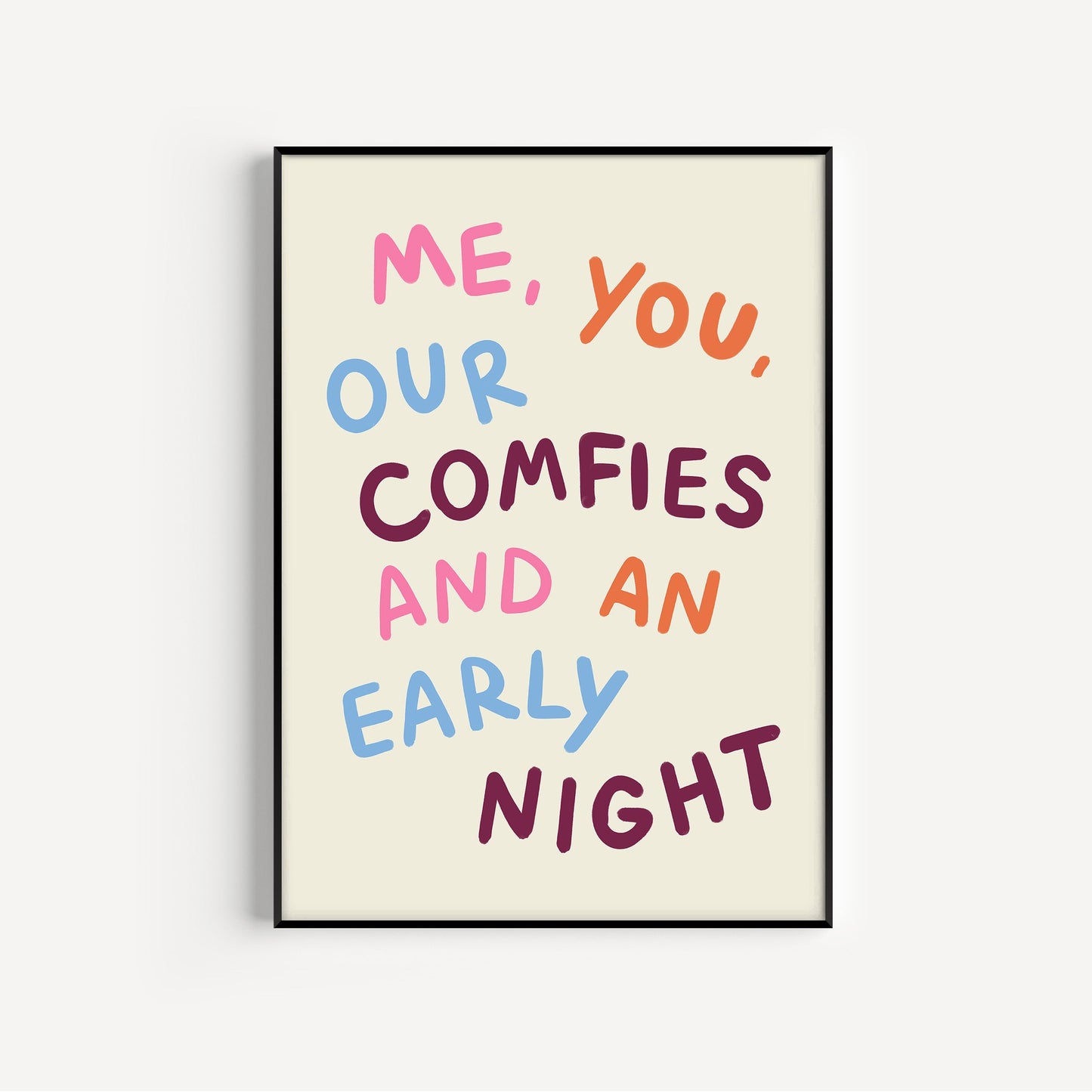 Framed poster with colorful text on a white background
