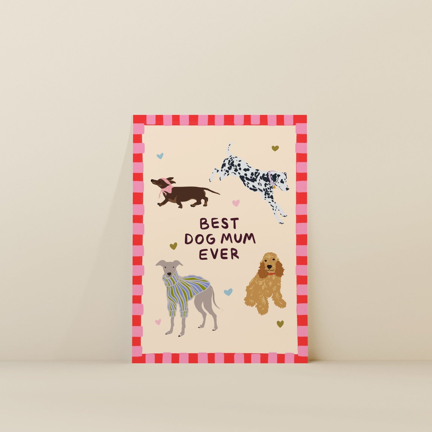 Card with dog illustrations and text on a beige background