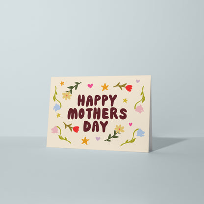 Greeting card with 'Happy Mothers Day' text and floral designs on a light blue background