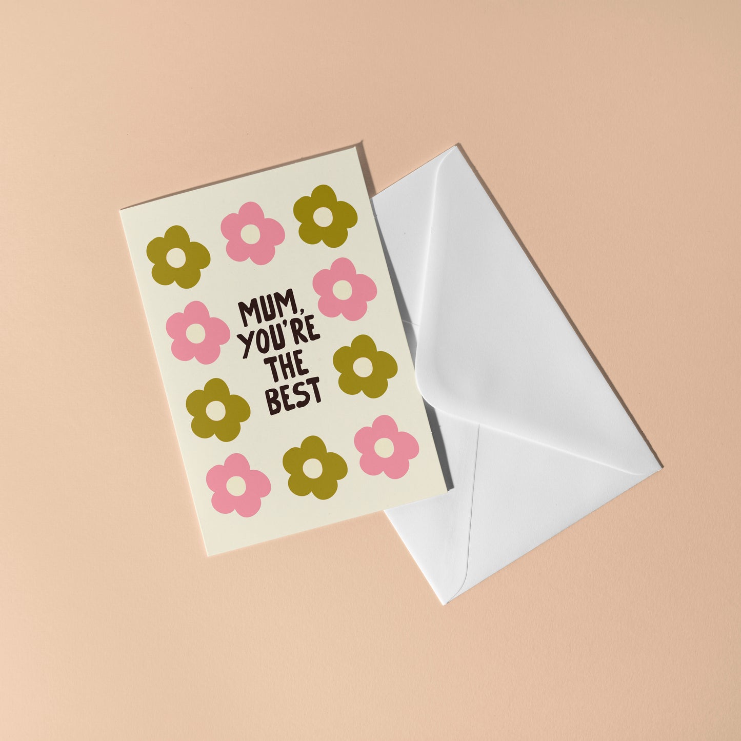 Greeting card with floral design and 'Mum, you're the best' text on a beige background