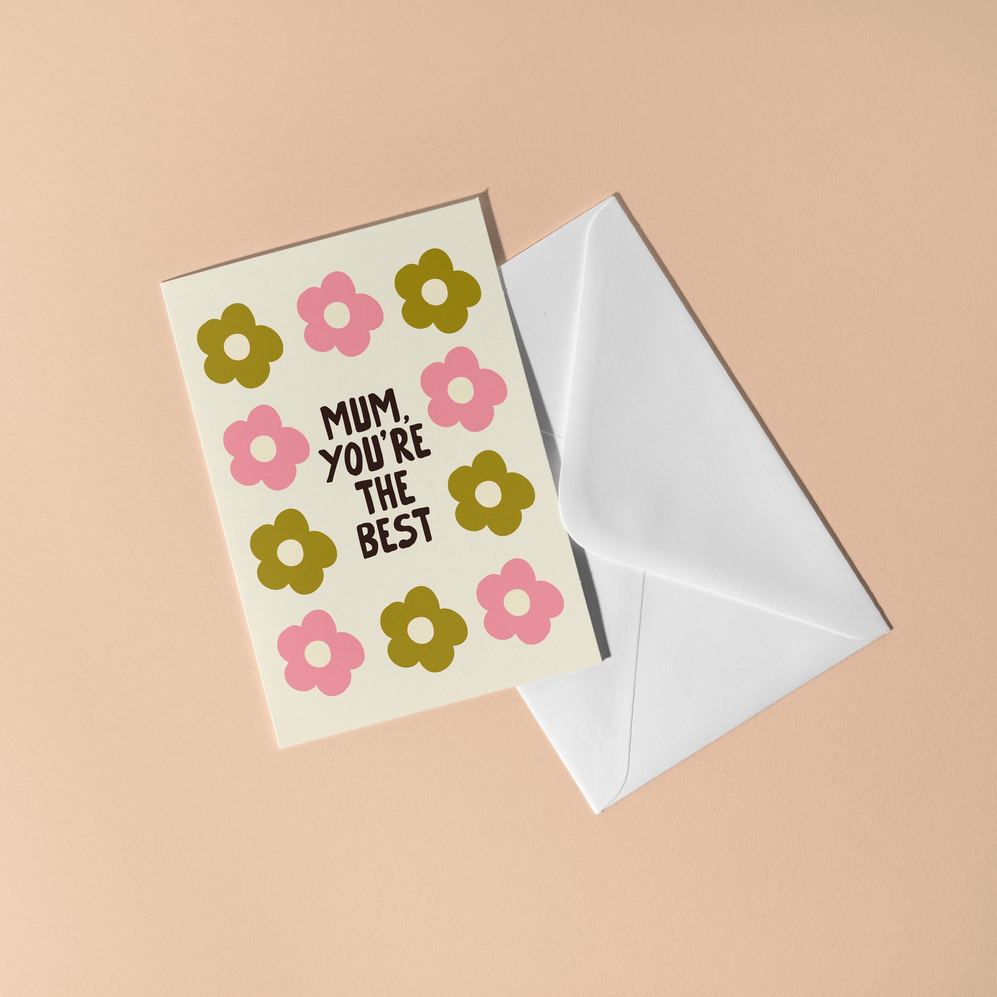 Greeting card with floral design and 'Mum, you're the best' text on a beige background