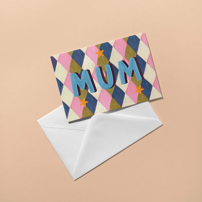 Colorful card with 'MUM' text on a beige background