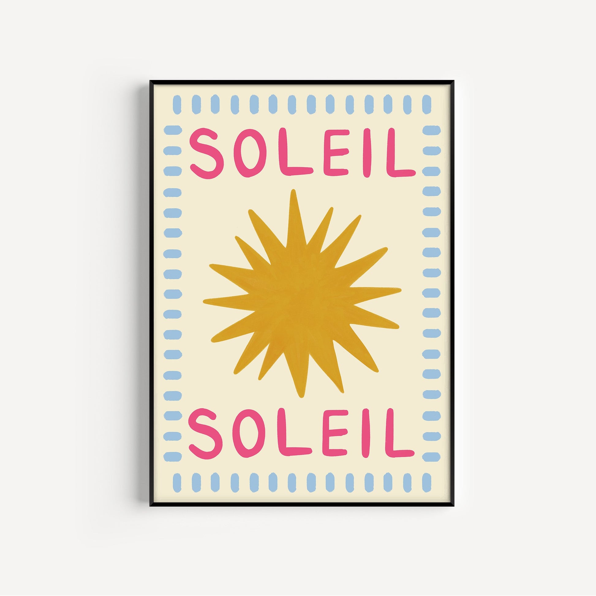 Framed artwork with 'Soleil' text and sun design on a beige background