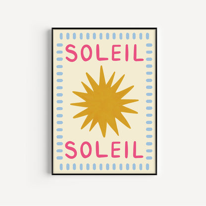 Framed artwork with 'Soleil' text and sun design on a beige background