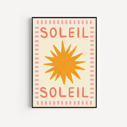 Poster with 'Soleil' text and a sun graphic on a light background