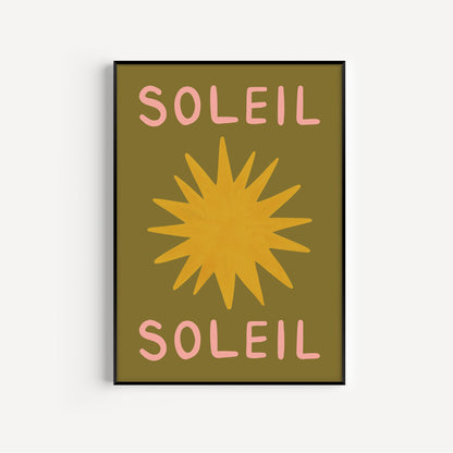 Poster with 'Soleil' text and a sun graphic on a green background