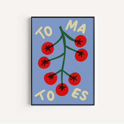 Framed artwork with red berries and text on a blue background