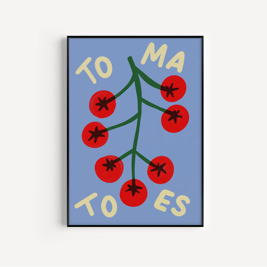 Framed artwork with red berries and text on a blue background