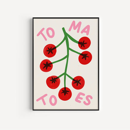 Framed artwork with red tomatoes and green leaves on a white background
